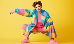 a woman posing with her arms outstretched wearing bright pink and blue clothing