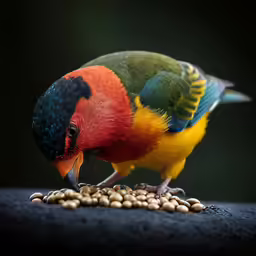 a colorful bird eating peanuts on top of a table