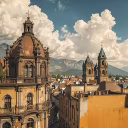 a group of buildings and a mountain in the background