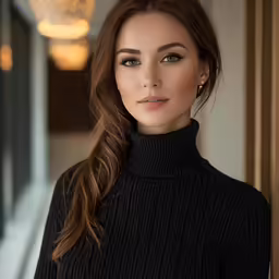 a young woman is wearing a black turtle neck sweater