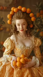 a girl dressed in an orange dress with fruit wreaths,an orange girl with fruit in her hair