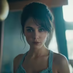 a woman with blue eyes is posing for the camera