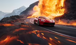 a red sports car driving down a road near a fire