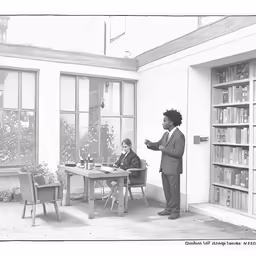 two people are sitting at a table in front of some shelves