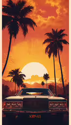 an art deco poster of a car driving on the road near palm trees,the silhouette of a car in front of a sunset with palm trees