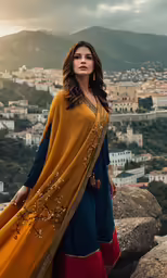 a beautiful woman in a yellow dress posing for a photo