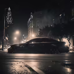 a car in the street at night with a tree near by
