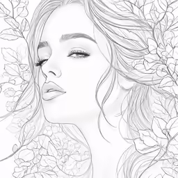 a black and white drawing of a woman with leaves around her head