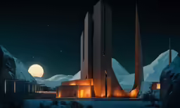 an architectural rendering of the moon sets over mountains in the distance