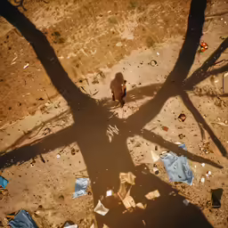 shadow of person on dirt with scattered trash surrounding