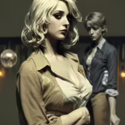 a woman in tight pants and a male in a shirt