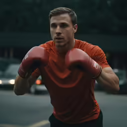 a man in an orange shirt and black shorts with boxing gloves on