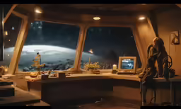 the computer desk and computer screen is near a window