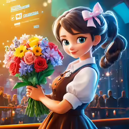 a cartoon girl with long hair holding some flowers