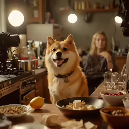 a dog sits in front of a bowl of food and cameraman