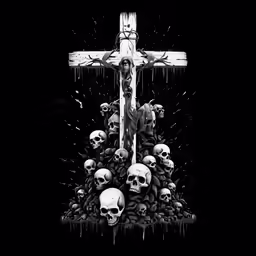 a cross made up of skulls with the sky behind it