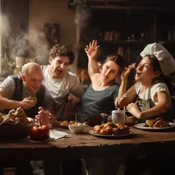people sitting at a table in front of food