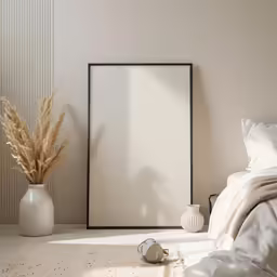 a bedroom with an empty picture frame sitting next to a large bed