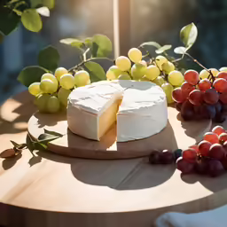 a cake that has been cut into pieces and is sitting on top of a table with fruit