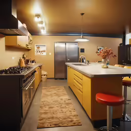 kitchen with a long counter and stools in it