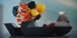a woman with red lips and yellow hair sitting next to vases