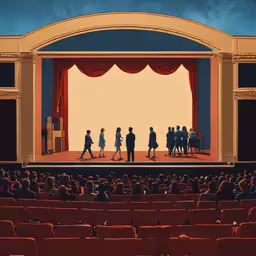 the silhouettes of people standing on stage and facing a large screen,group of people on stage looking at large screen