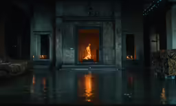 the room is very dimly lit with fire