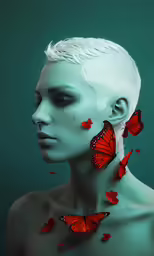 the girl with white hair is wearing red butterflies on her face