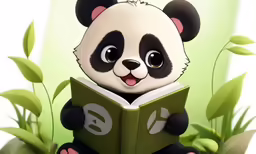 a panda reading a book next to green plants