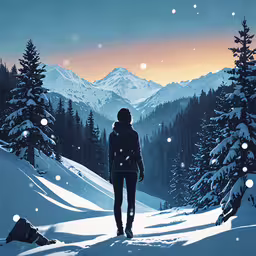 an illustration of a woman walking up a snowy path,a person is standing on a snow covered hill in the sun
