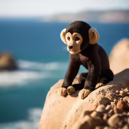 a monkey sitting on a rock on a cliff by the water