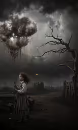 a little girl standing in the road beneath a huge cloud of dark clouds