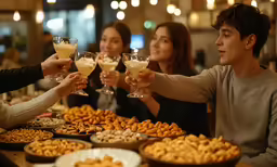 a group of people are drinking wine and snacks