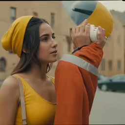 a woman is fixing a traffic light on a street