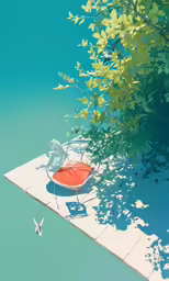 two lawn chairs and an orange umbrella on top of a table