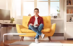 a young person sitting in a chair looking off into the distance