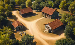 an aerial view of three houses that have two dirt roads running next to them