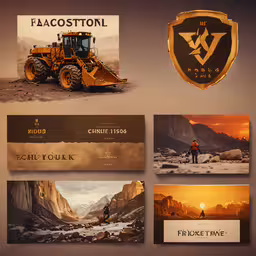 the two banners for the factory are showing two people standing on top of an incline,various business cards featuring a farmer with a bulldozer, gold plaque and a mountain scene