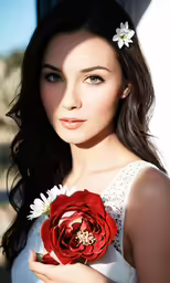 beautiful girl in dress holding red flower posing