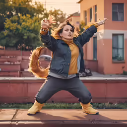 a woman with an orange squirrel costume on standing in front of a brick wall