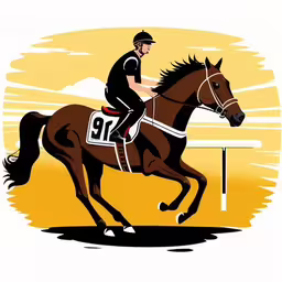 a person that is riding on a horse,horse and jockey on the track at sunset