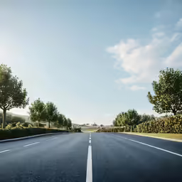 a wide open road with white markings through trees