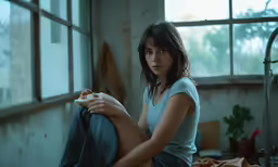 a girl sitting in a bedroom holding a wii controller