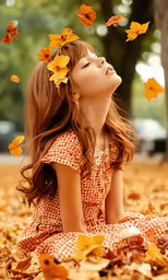 a little girl that is laying in some leaves