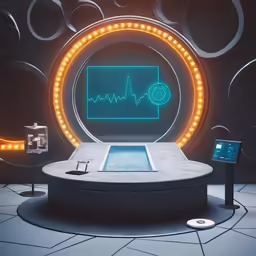 a futuristic display featuring electronic devices and artwork