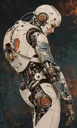 a woman wearing a robot suit in a painting style