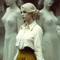 a woman in white shirt looking down with a lot of mannequins behind her