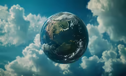 a small globe floats through the cloudy sky