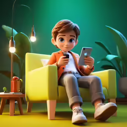 cartoon boy sitting in yellow chair playing with cellphone
