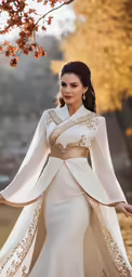 a woman in a white and gold outfit with golden accents